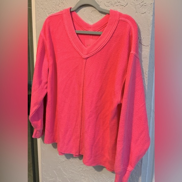 Aerie Neon Pink V-Neck Ribbed Pullover - Picture 1 of 10
